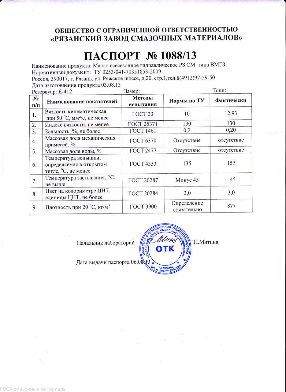 Паспорт качества на масло моторное образец